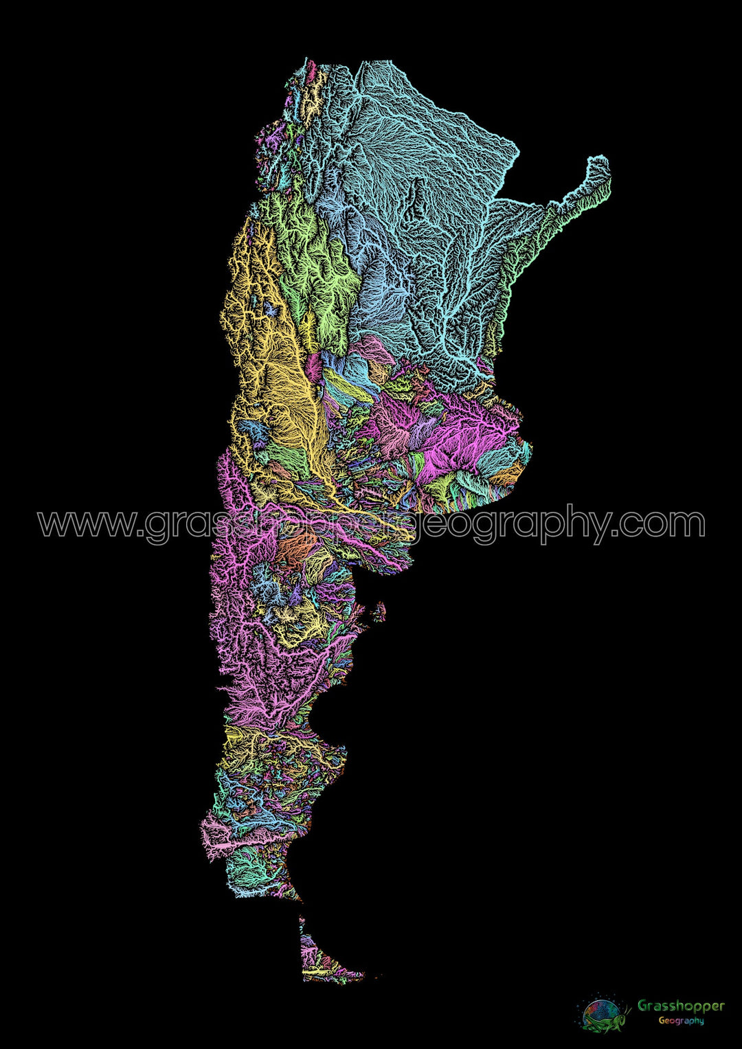 Argentina - River basin map, pastel on black - Fine Art Print