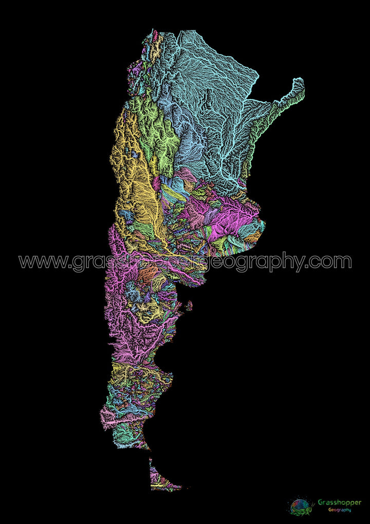 Argentine - Carte des bassins fluviaux, pastel sur noir - Fine Art Print