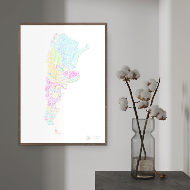 Argentina - Mapa de cuencas hidrográficas, pastel sobre blanco - Impresión de Bellas Artes