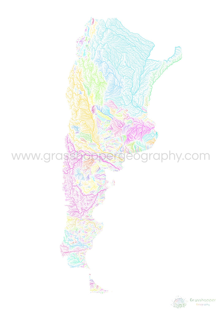 River basin map of Argentina, pastel colours on white - Fine Art Print