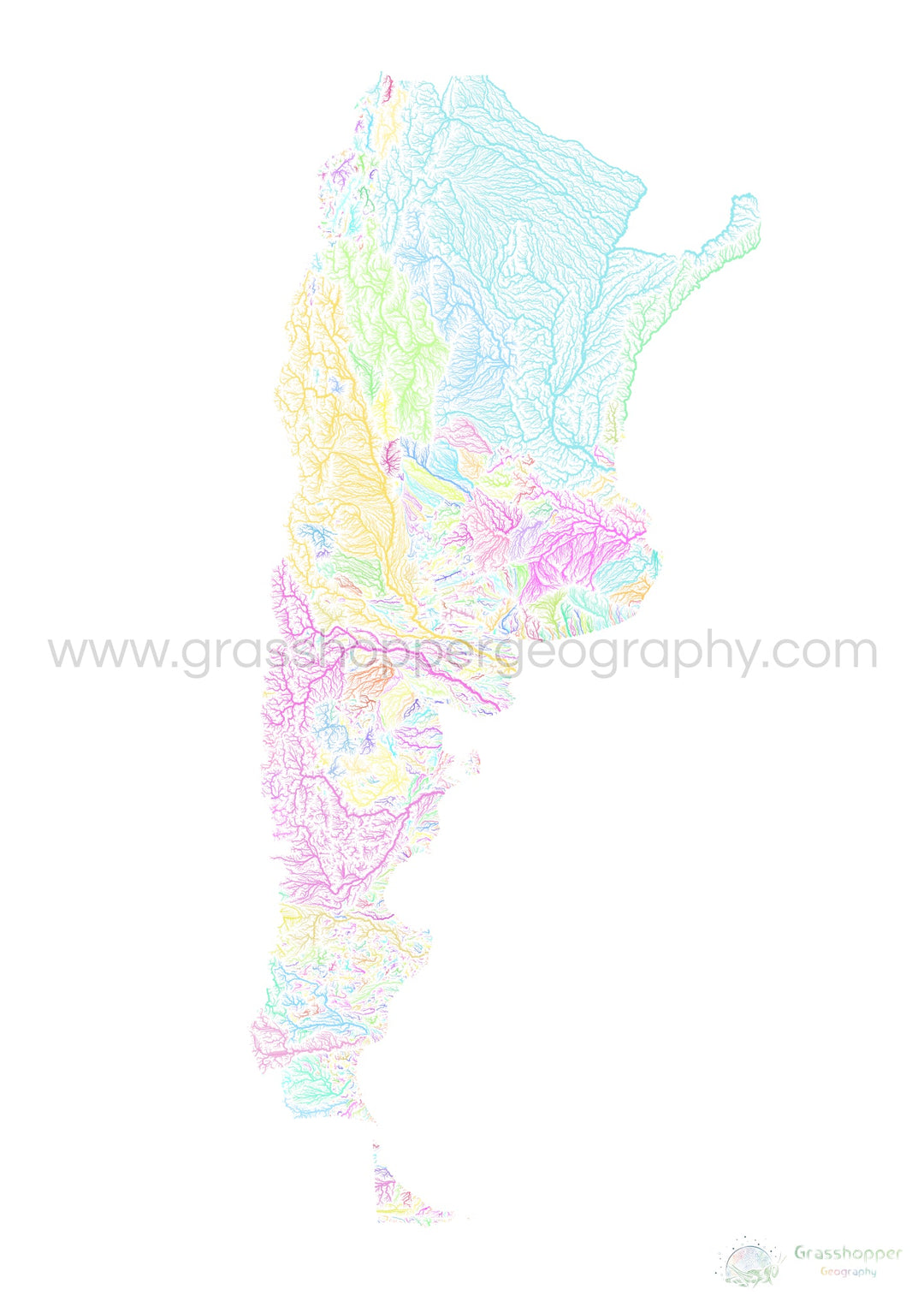 Argentina - River basin map, pastel on white - Fine Art Print