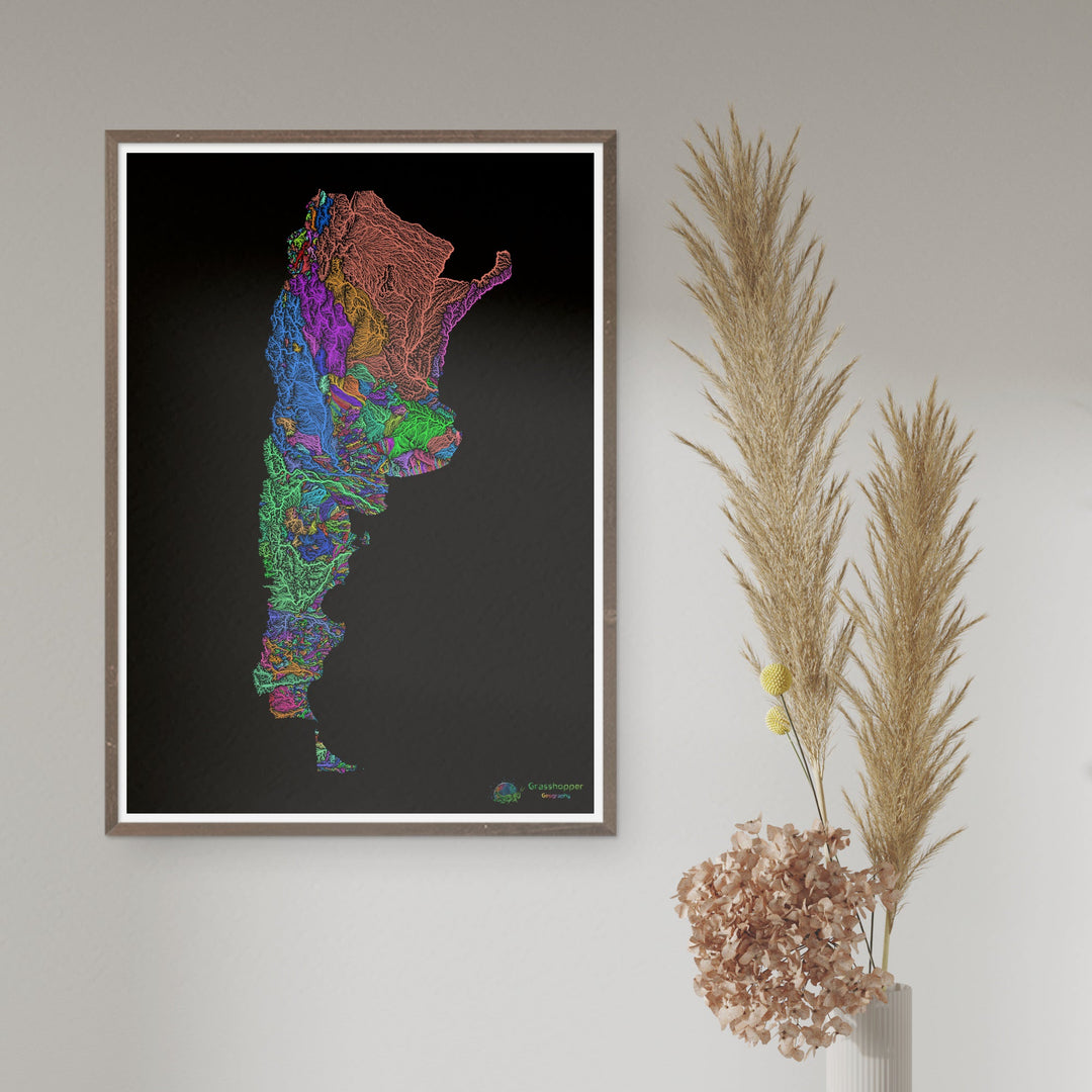 Argentina - River basin map, rainbow on black - Fine Art Print