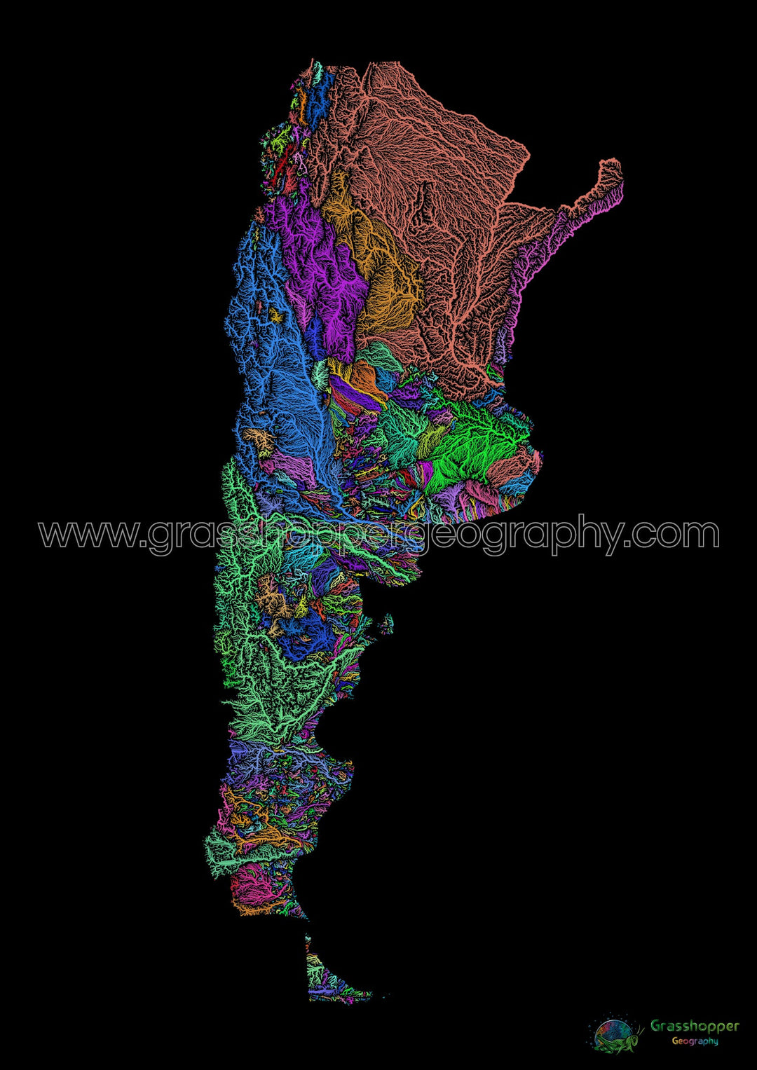 River basin map of Argentina, rainbow colours on black - Fine Art Print