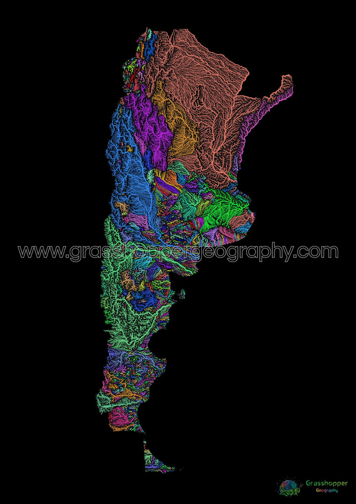 Argentine - Carte des bassins fluviaux, arc-en-ciel sur noir - Fine Art Print