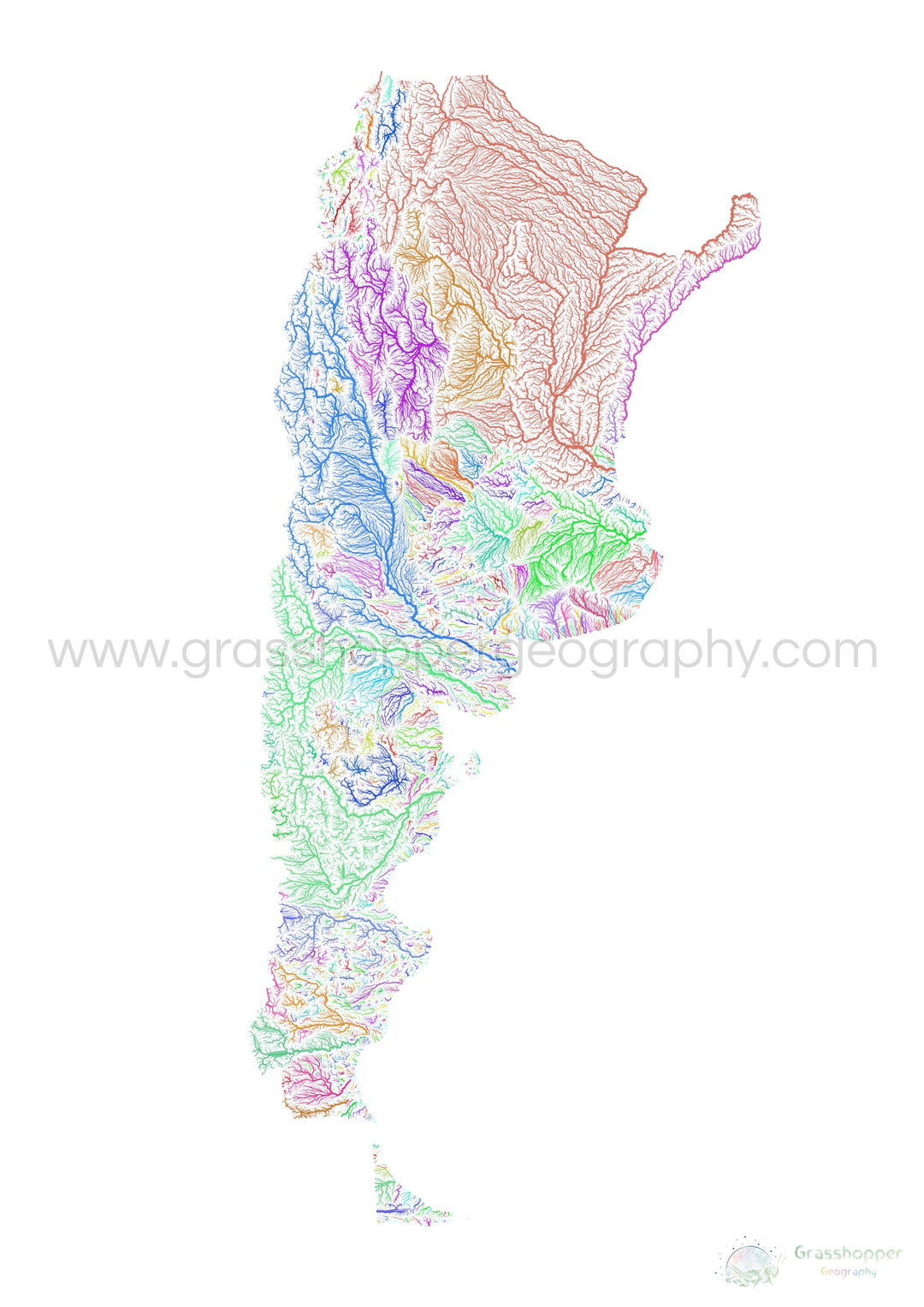 Argentina - Mapa de cuencas hidrográficas, arcoíris sobre blanco - Impresión de Bellas Artes