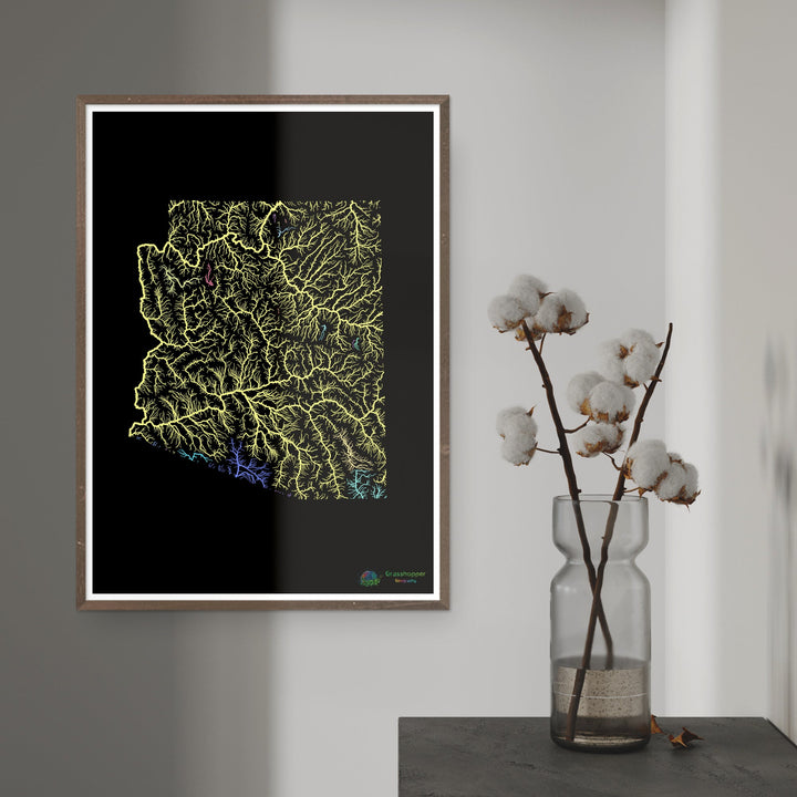 Arizona - River basin map, pastel on black - Fine Art Print