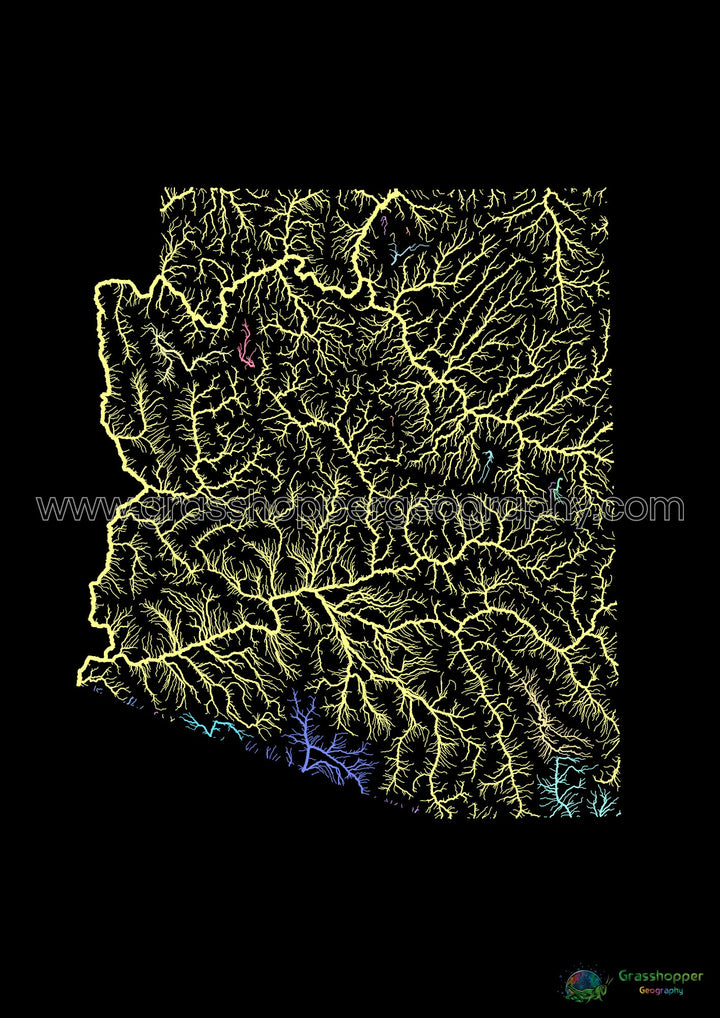 River basin map of Arizona, pastel colours on black - Fine Art Print
