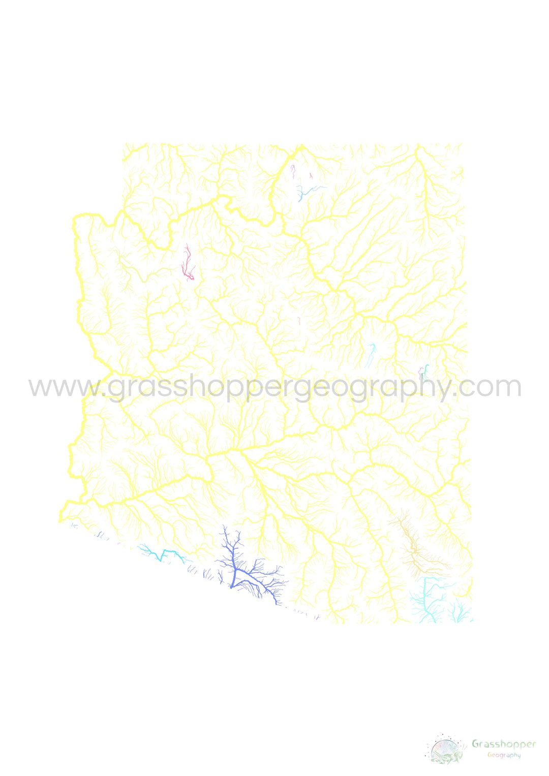 Arizona - Mapa de la cuenca del río, pastel sobre blanco - Impresión de Bellas Artes