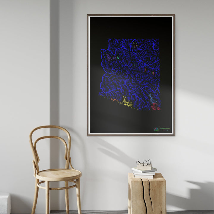 Arizona - Carte du bassin fluvial, arc-en-ciel sur noir - Fine Art Print