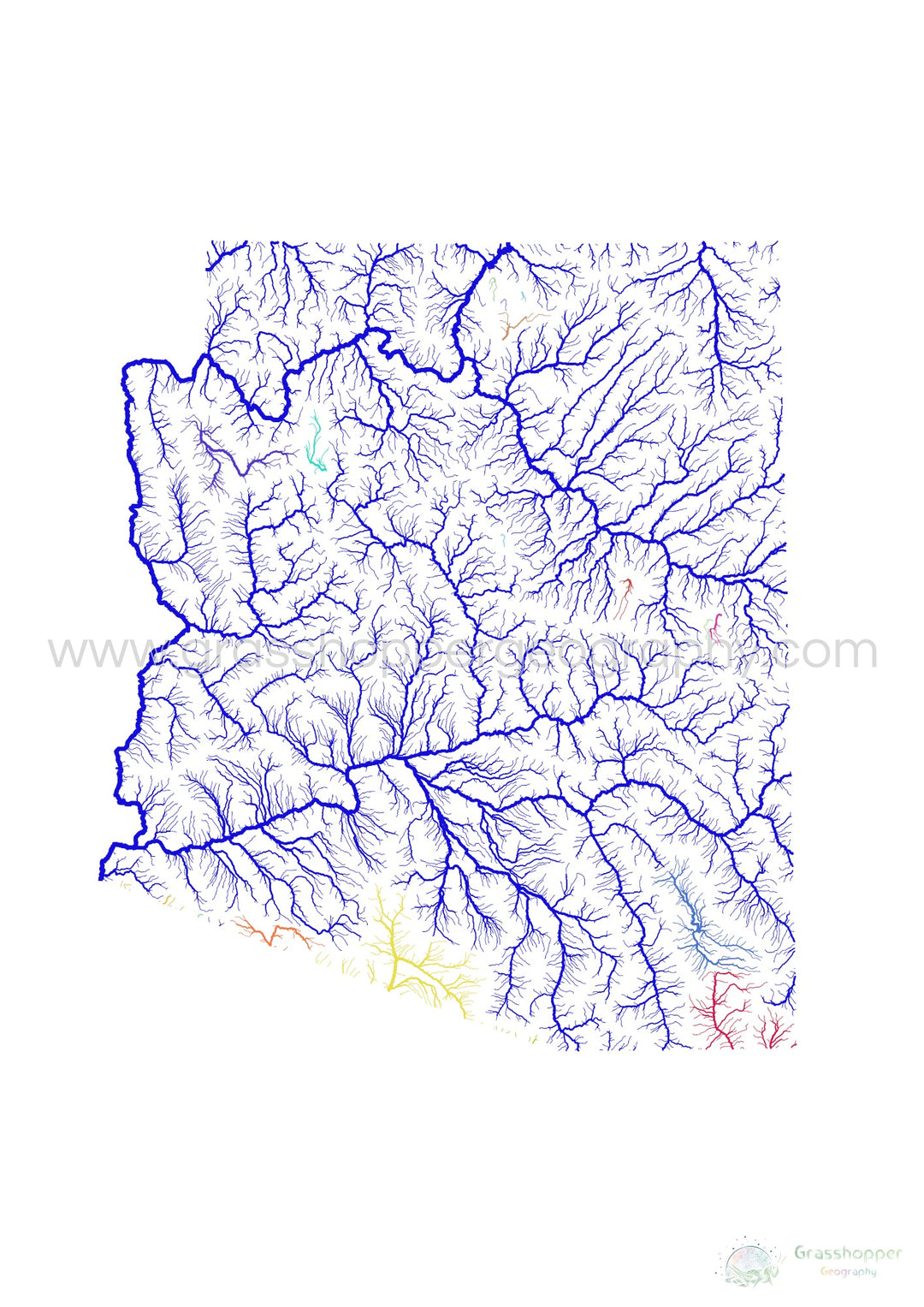 River basin map of Arizona, rainbow colours on white Fine Art Print