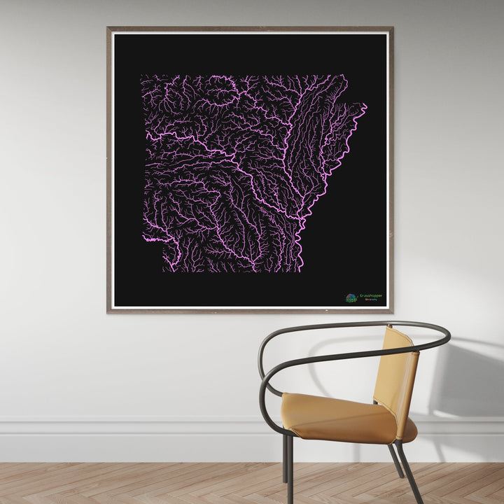 River basin map of Arkansas, pastel colours on black - Fine Art Print