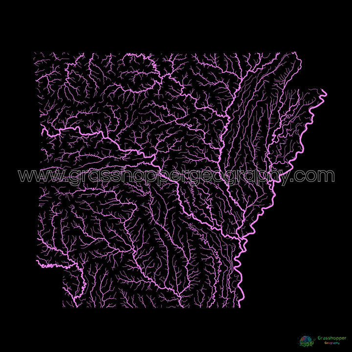 Arkansas - River basin map, pastel on black - Fine Art Print