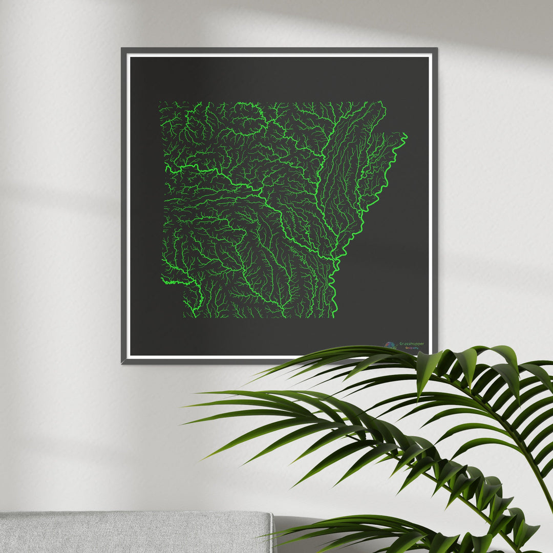 Arkansas - Mapa da bacia hidrográfica, arco-íris em preto - Impressão de belas artes
