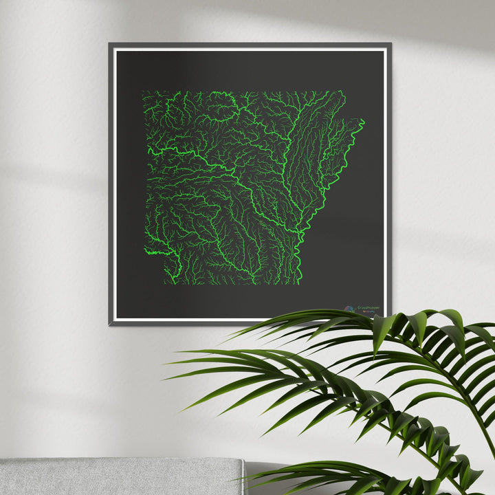 Arkansas - Mapa da bacia hidrográfica, arco-íris em preto - Impressão de belas artes