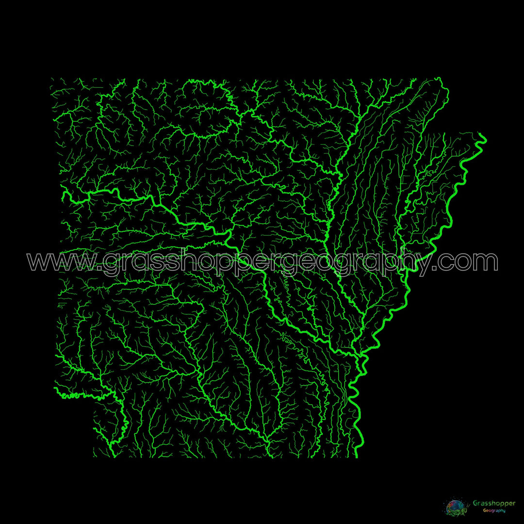 Arkansas - Carte du bassin fluvial, arc-en-ciel sur noir - Fine Art Print