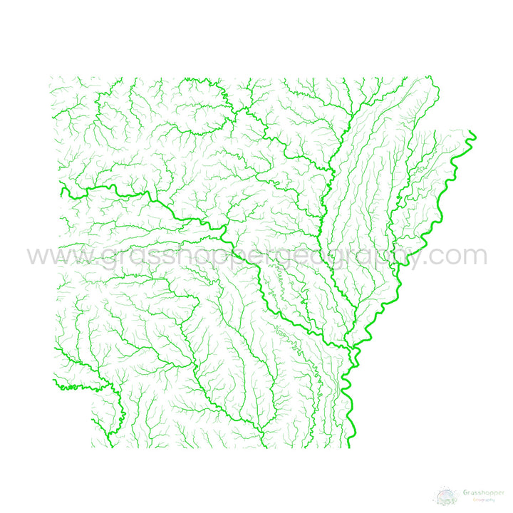 Arkansas - Mapa de la cuenca fluvial, arco iris sobre blanco - Impresión de bellas artes