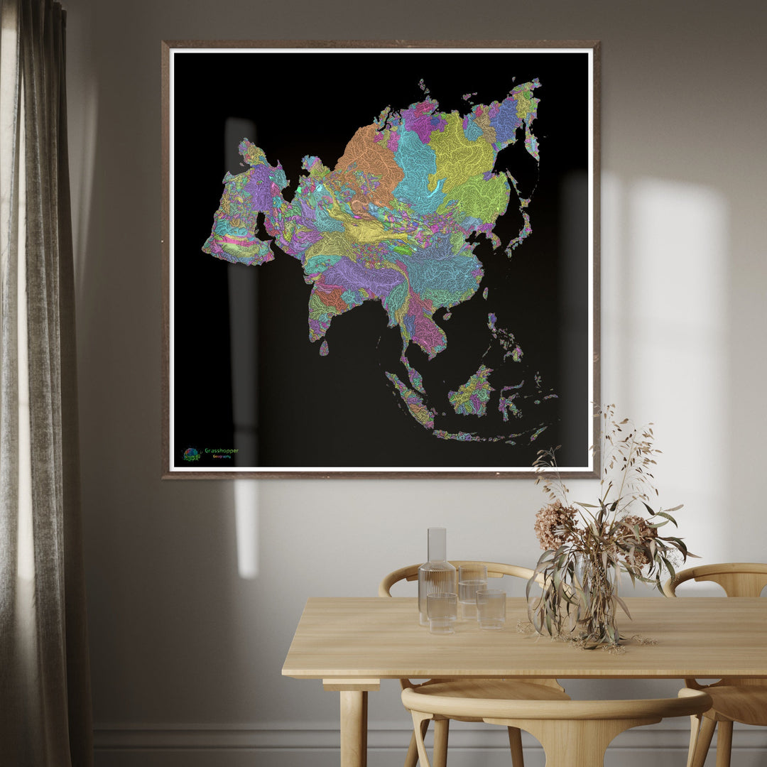 River basin map of Asia, pastel colours on black - Fine Art Print