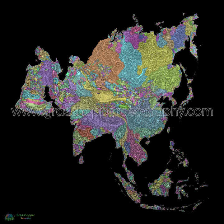 Asia - Mapa de la cuenca fluvial, pastel sobre negro - Impresión de Bellas Artes