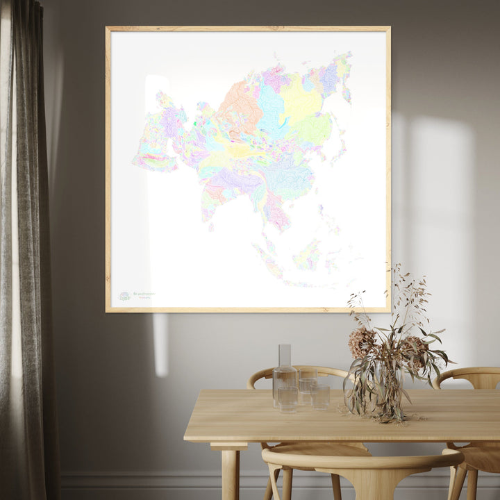 River basin map of Asia, pastel colours on white - Fine Art Print