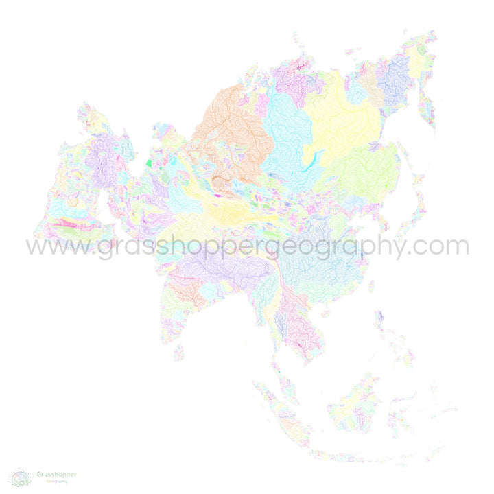 Asia - Mapa de la cuenca fluvial, pastel sobre blanco - Impresión de Bellas Artes