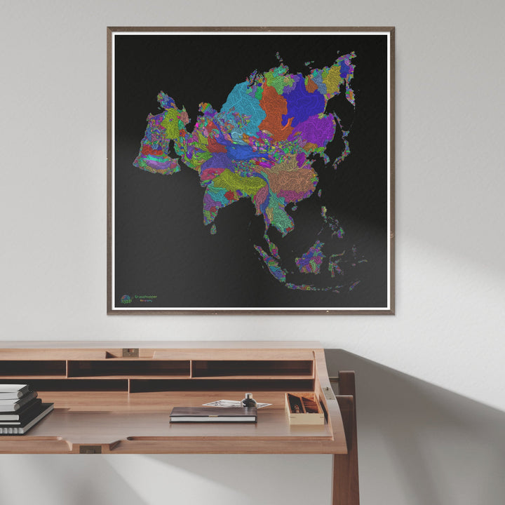 Asie - Carte des bassins fluviaux, arc-en-ciel sur noir - Fine Art Print