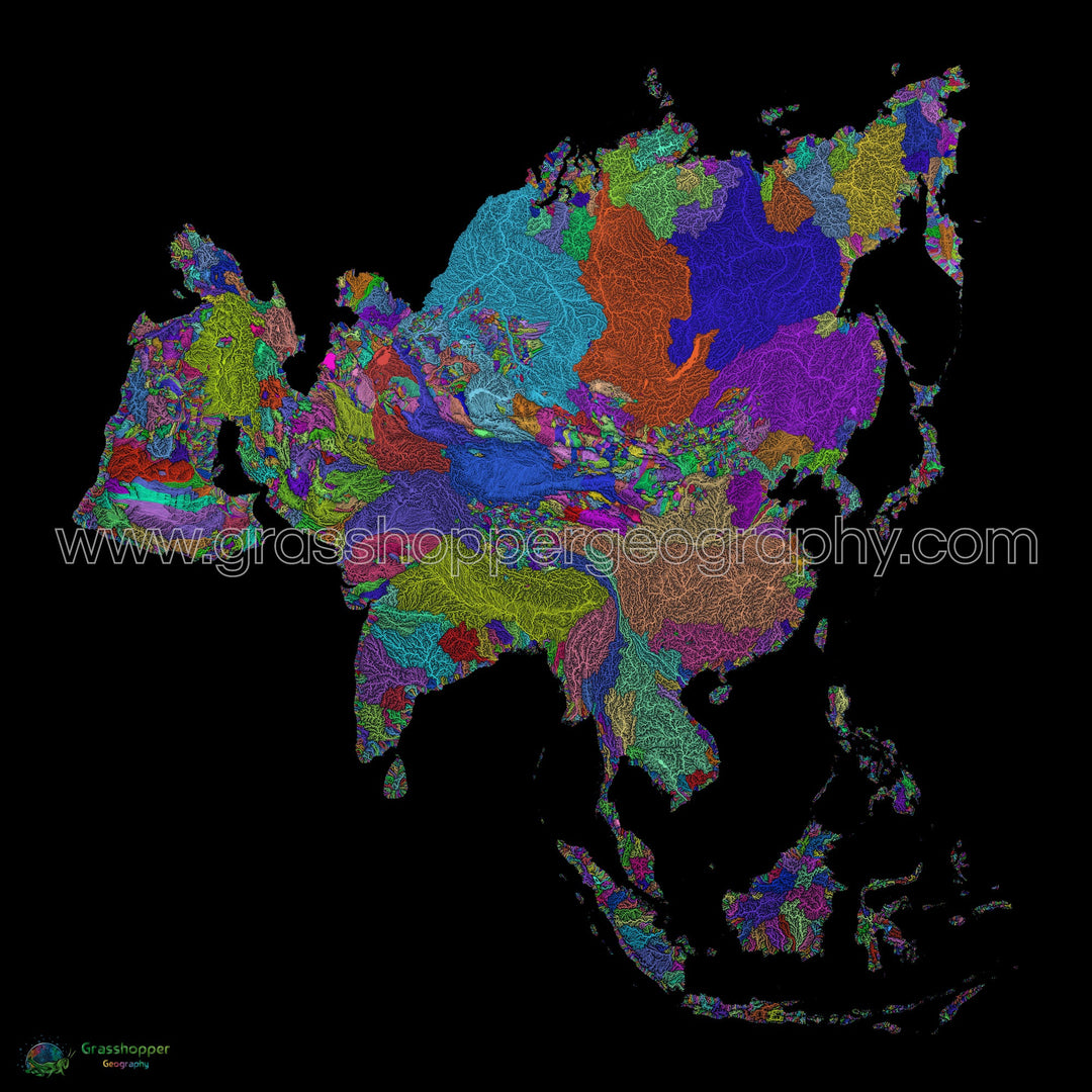 Asie - Carte des bassins fluviaux, arc-en-ciel sur noir - Fine Art Print