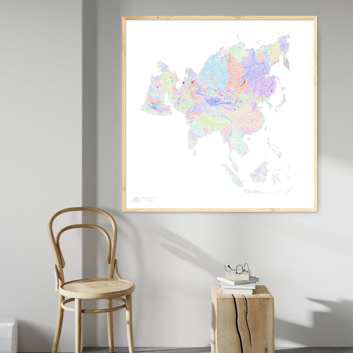Asia - Mapa de cuencas fluviales, arco iris sobre blanco - Impresión de Bellas Artes