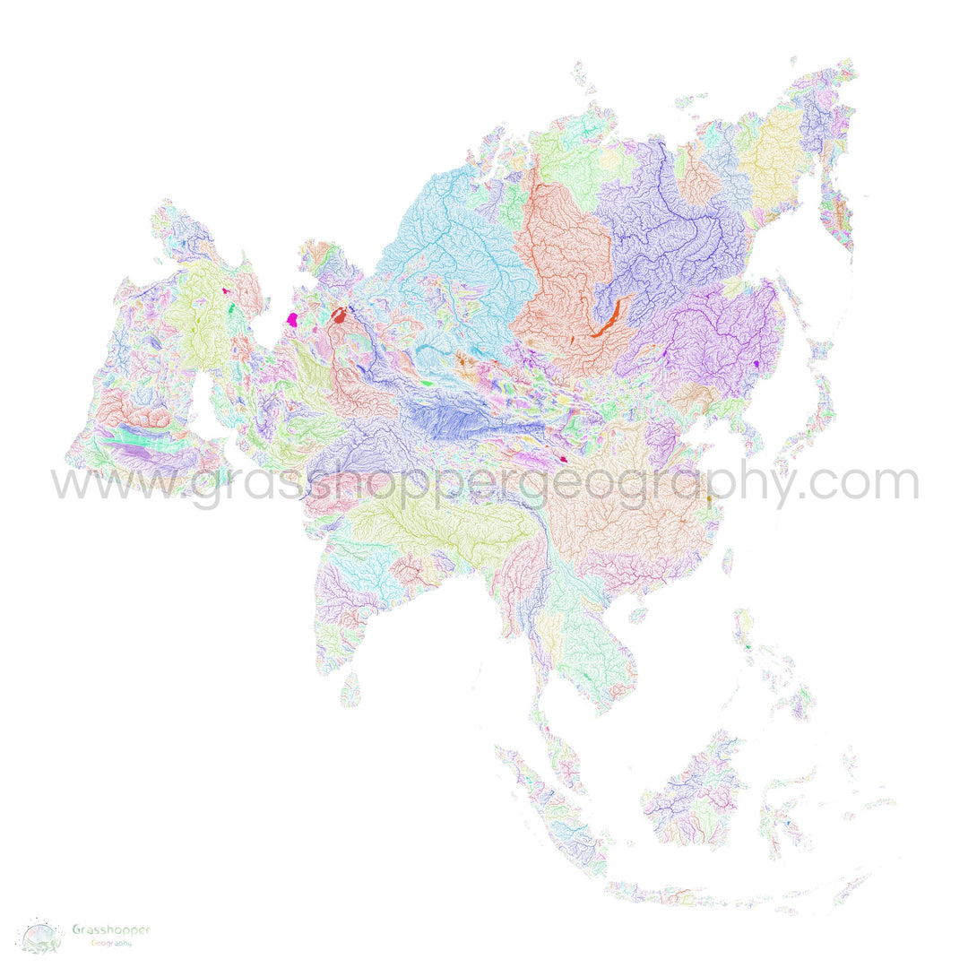 Asia - Mapa de cuencas fluviales, arco iris sobre blanco - Impresión de Bellas Artes