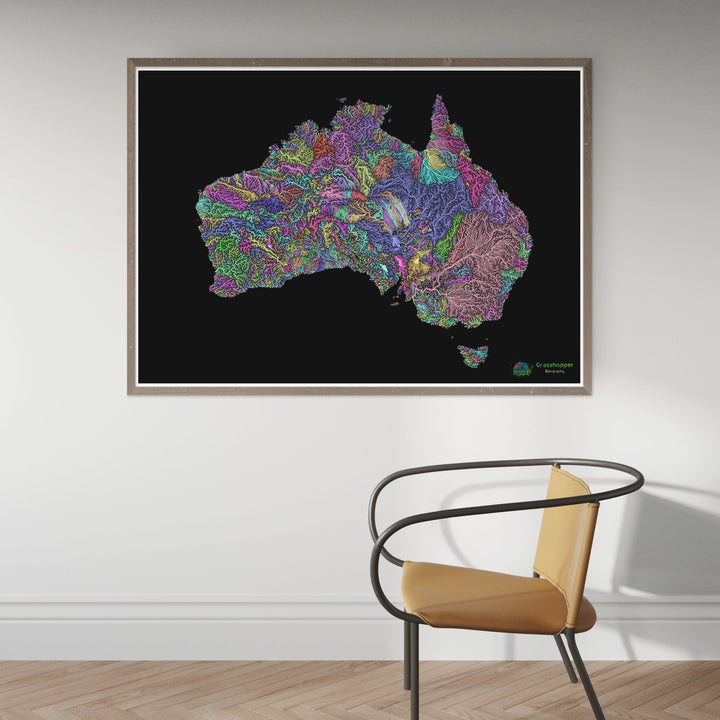 Australia - Mapa de la cuenca fluvial, pastel sobre negro - Impresión de Bellas Artes