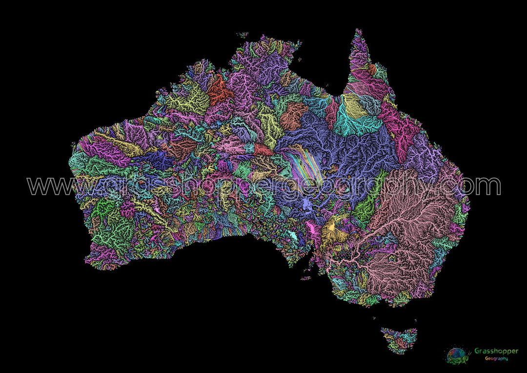 River basin map of Australia, pastel colours on black - Fine Art Print
