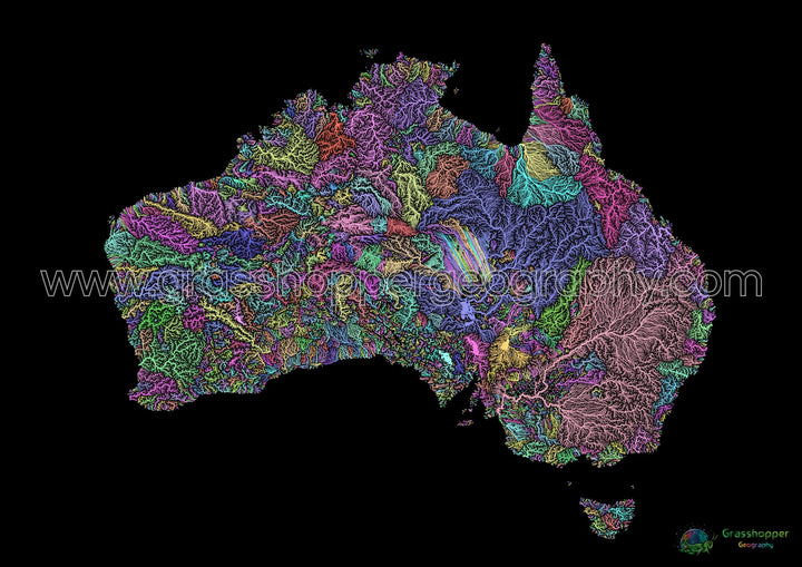 Australia - Mapa de la cuenca fluvial, pastel sobre negro - Impresión de Bellas Artes