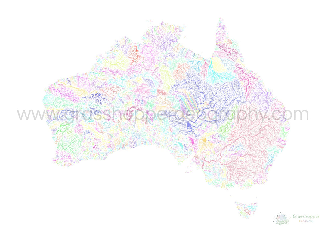 River basin map of Australia, pastel colours on white - Fine Art Print
