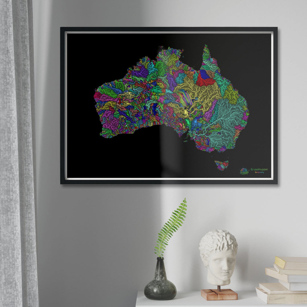 Australie - Carte des bassins fluviaux, arc-en-ciel sur noir - Fine Art Print