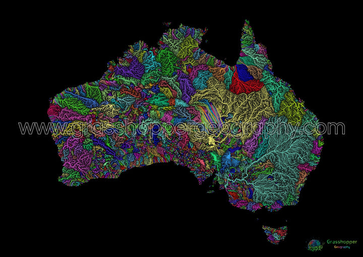 Australia - River basin map, rainbow on black - Fine Art Print