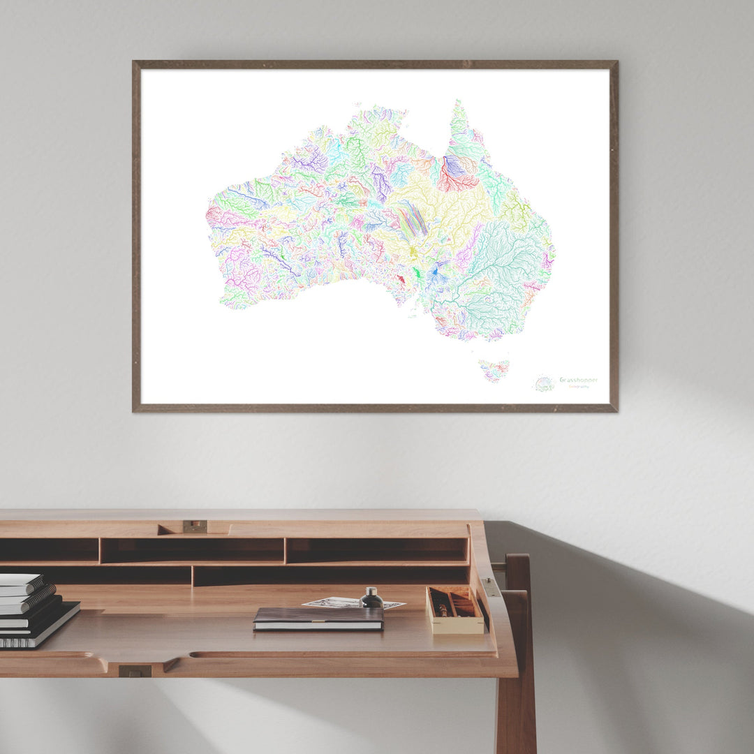 Australie - Carte des bassins fluviaux, arc-en-ciel sur blanc - Fine Art Print