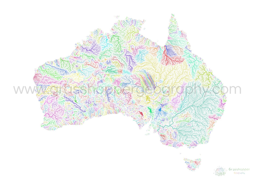 Australie - Carte des bassins fluviaux, arc-en-ciel sur blanc - Fine Art Print