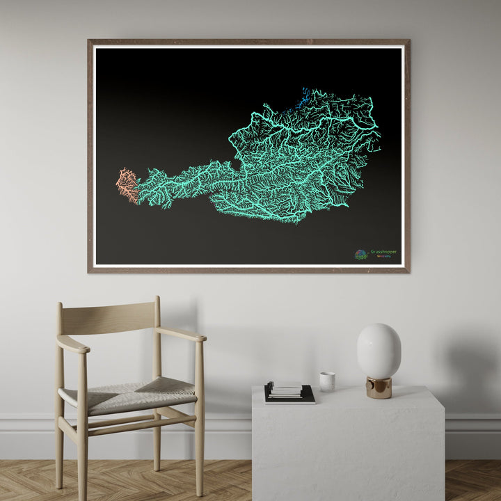 Austria - Mapa de la cuenca fluvial, pastel sobre negro - Impresión de bellas artes