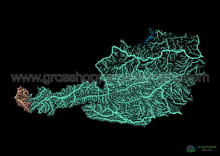 Austria - Mapa de la cuenca fluvial, pastel sobre negro - Impresión de bellas artes
