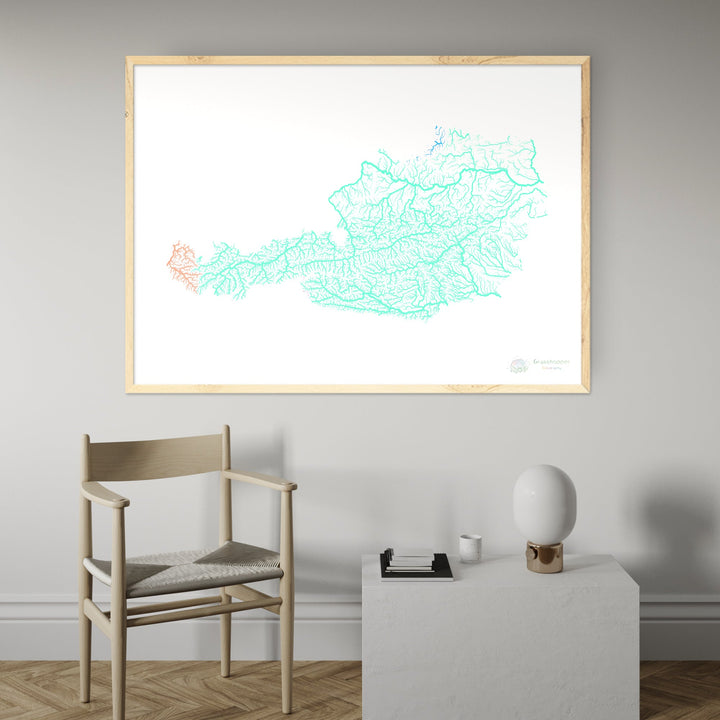 Austria - Mapa de la cuenca fluvial, pastel sobre blanco - Impresión de bellas artes