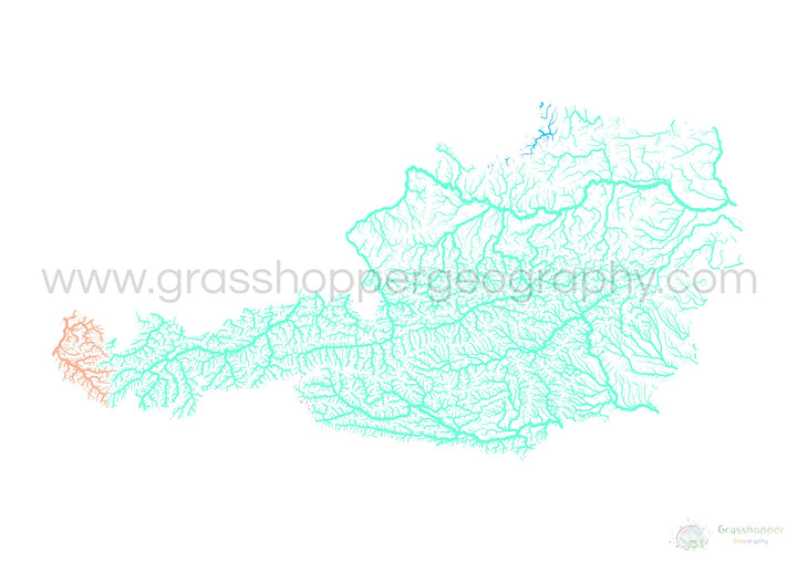 奥地利 - 河流流域地图，白色粉彩 - 美术印刷品