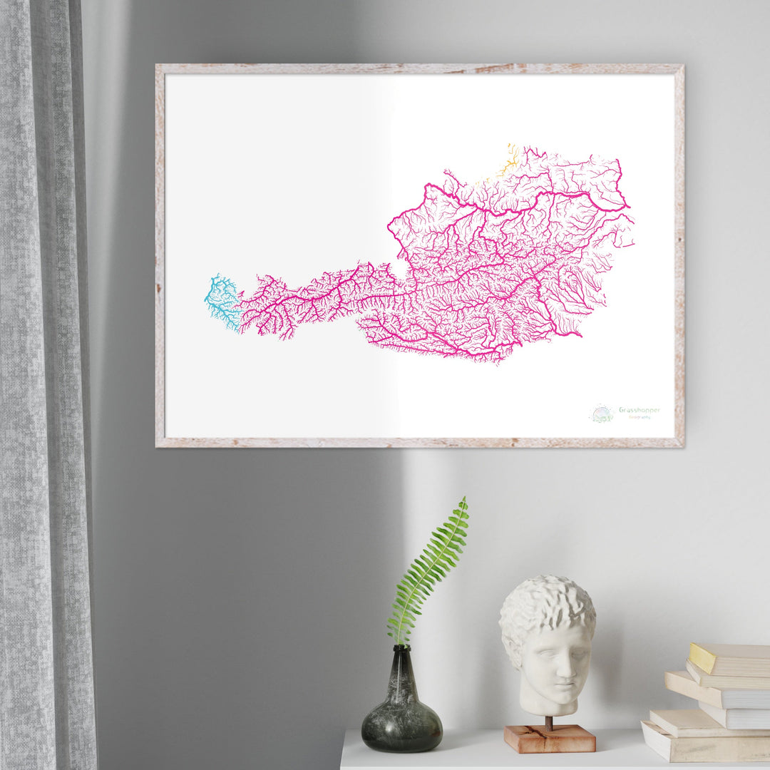 Autriche - Carte des bassins fluviaux, arc-en-ciel sur blanc - Fine Art Print