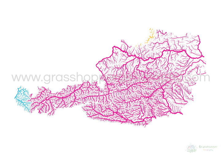 Austria - Mapa de cuencas fluviales, arco iris sobre blanco - Impresión de bellas artes