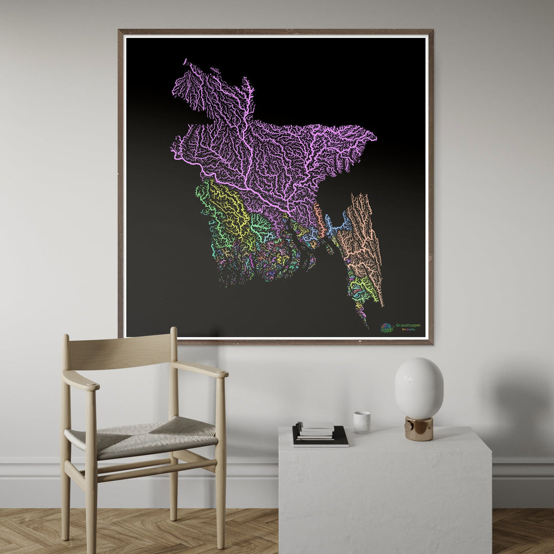 Bangladesh - Carte des bassins fluviaux, pastel sur noir - Fine Art Print