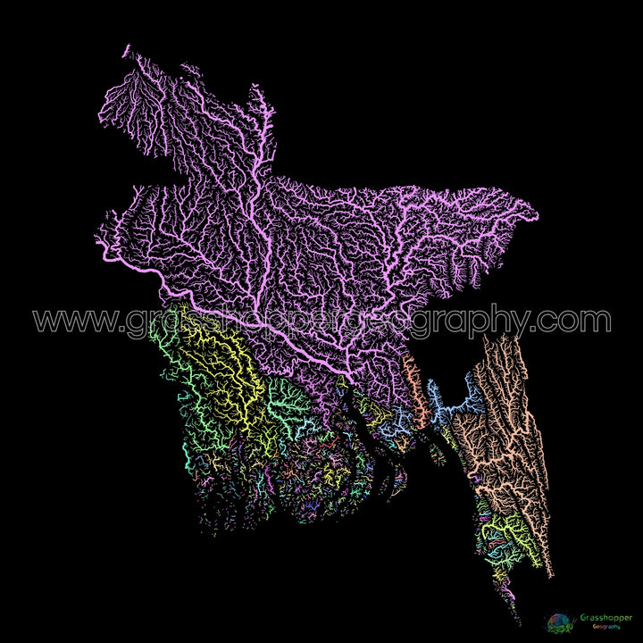 Bangladesh - Carte des bassins fluviaux, pastel sur noir - Fine Art Print