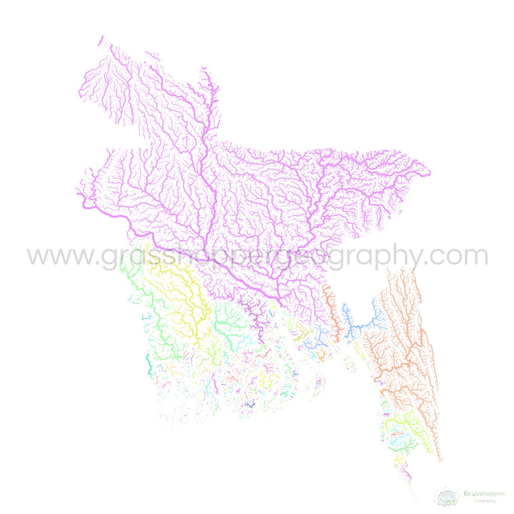 Bangladesh - Mapa de la cuenca fluvial, pastel sobre blanco - Impresión de bellas artes