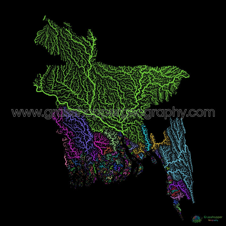 River basin map of Bangladesh, rainbow colours on black - Fine Art Print