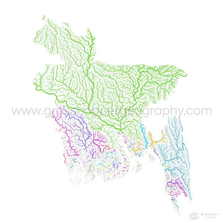 Bangladesh - River basin map, rainbow on white - - Fine Art Print