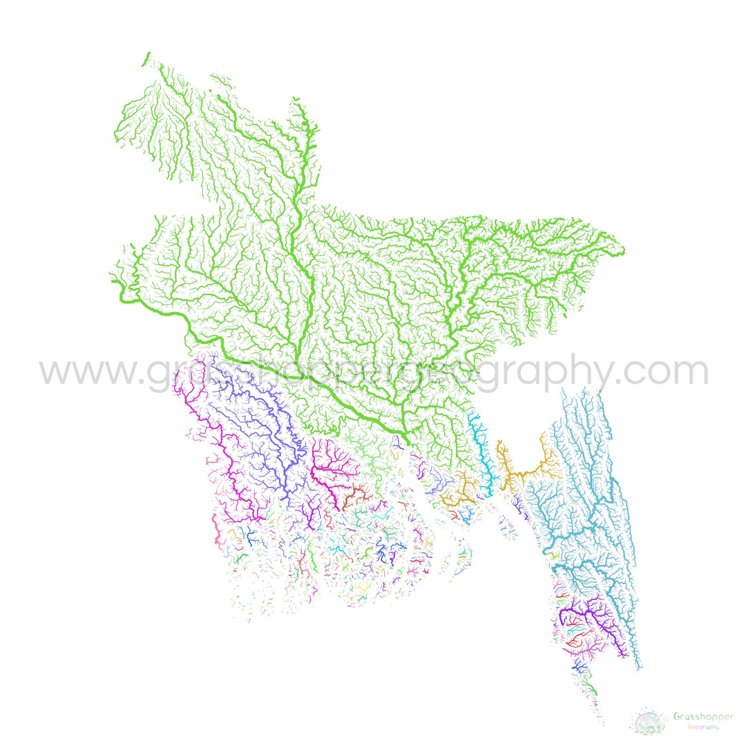 Bangladesh - Mapa da bacia hidrográfica, arco-íris em branco - - Impressão de belas artes