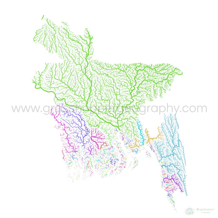 Bangladesh - Mapa da bacia hidrográfica, arco-íris em branco - - Impressão de belas artes