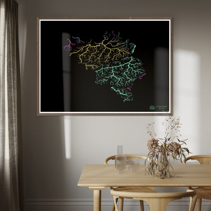 Belgium - River basin map, pastel on black - Fine Art Print